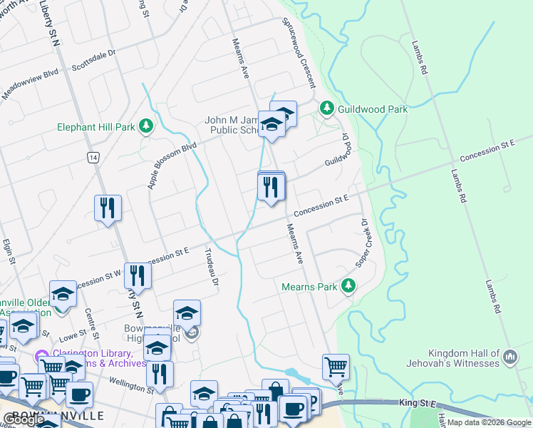 map of restaurants, bars, coffee shops, grocery stores, and more near 15 Chance Court in Clarington