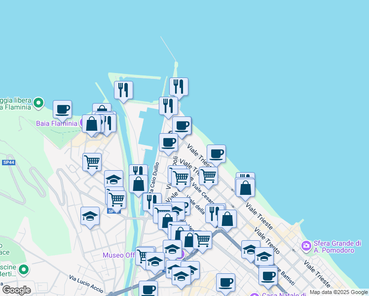 map of restaurants, bars, coffee shops, grocery stores, and more near 40 Viale Napoli in Pesaro