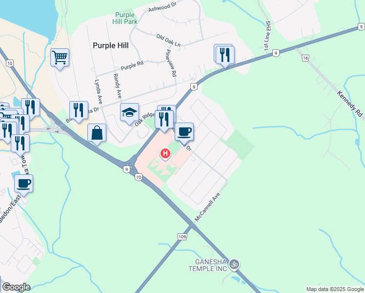 map of restaurants, bars, coffee shops, grocery stores, and more near 150 Rolling Hills Dr in Orangeville