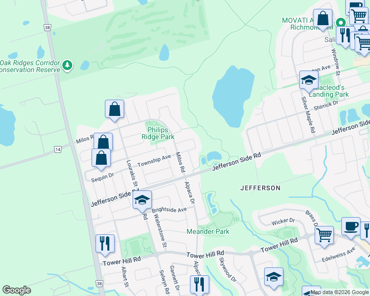 map of restaurants, bars, coffee shops, grocery stores, and more near 8 Farmhouse Crescent in Richmond Hill