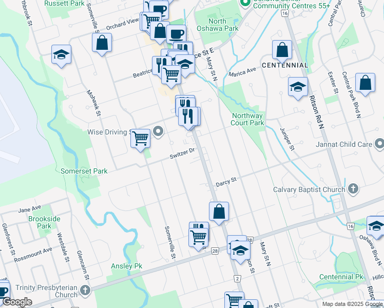 map of restaurants, bars, coffee shops, grocery stores, and more near 19 Switzer Drive in Oshawa