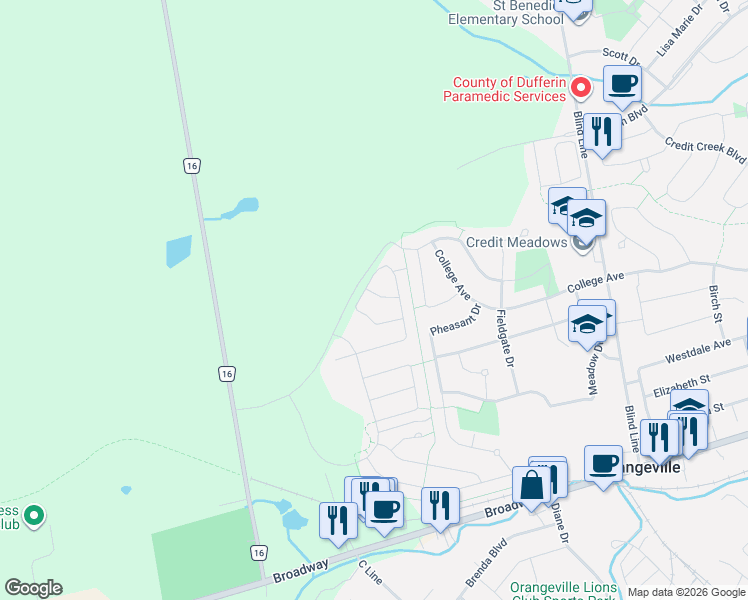 map of restaurants, bars, coffee shops, grocery stores, and more near 7 Porter Drive in Orangeville