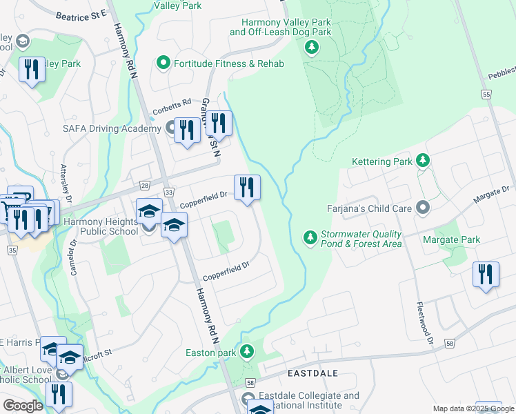 map of restaurants, bars, coffee shops, grocery stores, and more near in Oshawa