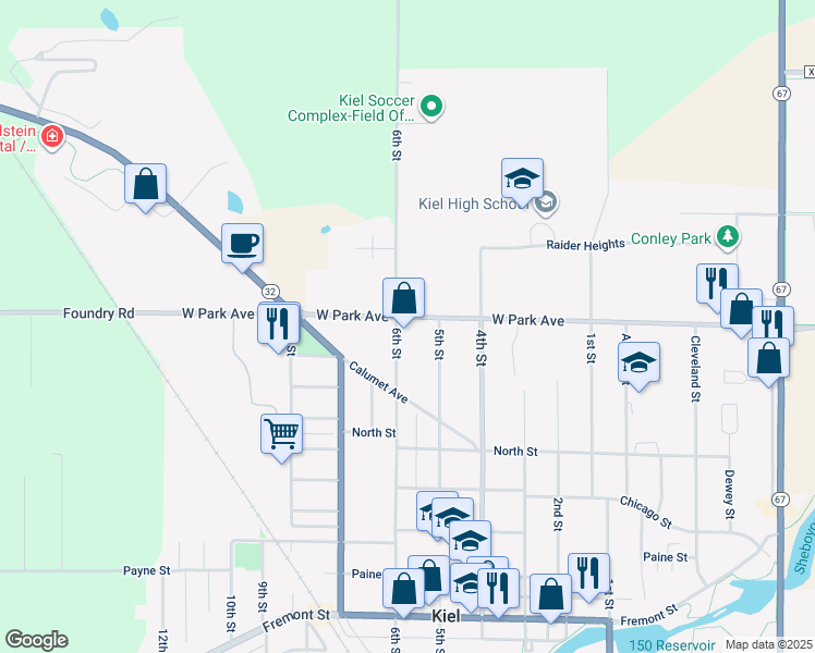 map of restaurants, bars, coffee shops, grocery stores, and more near 1123 5th Street in Kiel