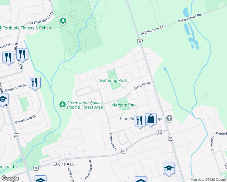 map of restaurants, bars, coffee shops, grocery stores, and more near 1224 Margate Drive in Oshawa