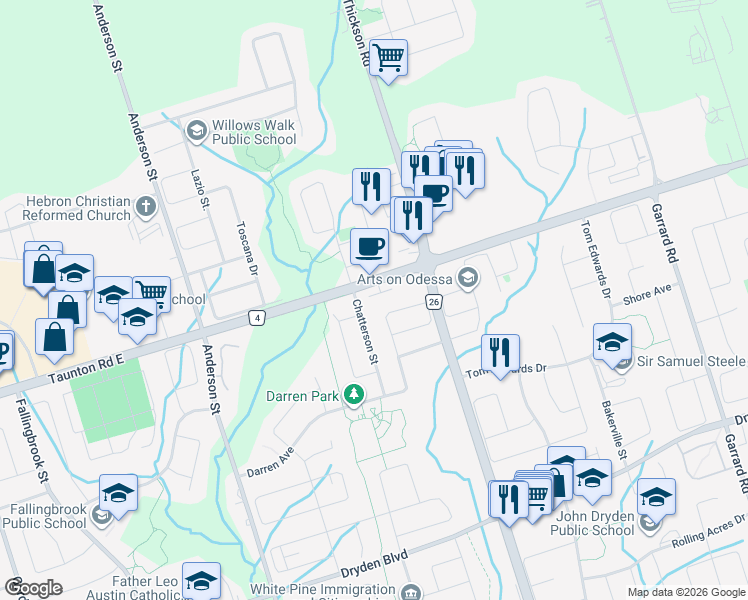 map of restaurants, bars, coffee shops, grocery stores, and more near 32 Bettina Place in Whitby