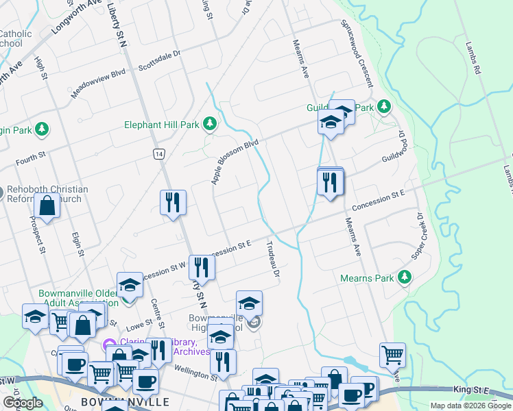map of restaurants, bars, coffee shops, grocery stores, and more near in Bowmanville
