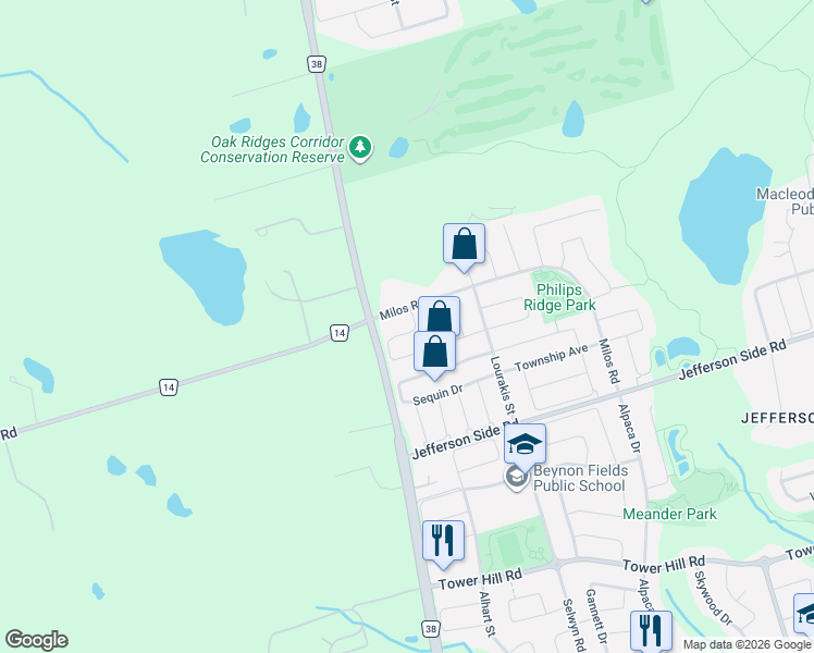 map of restaurants, bars, coffee shops, grocery stores, and more near 95 Stoyell Drive in Richmond Hill