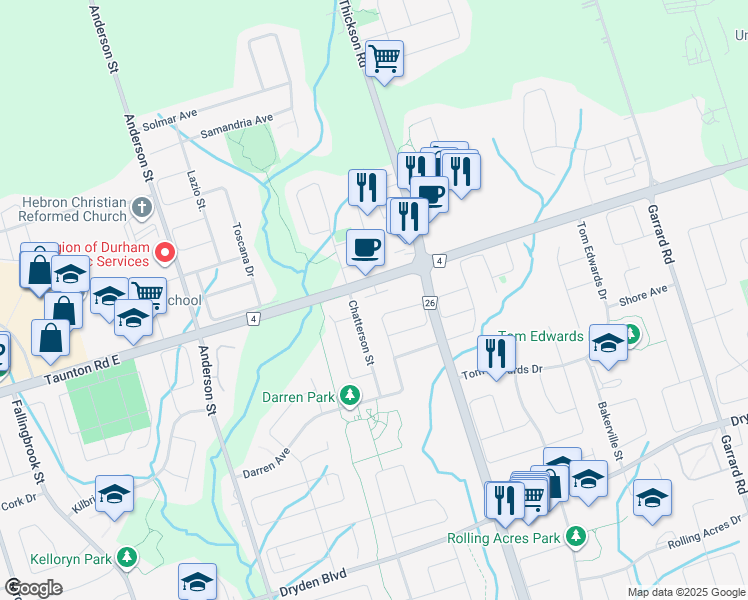 map of restaurants, bars, coffee shops, grocery stores, and more near 9 Lively Way in Whitby