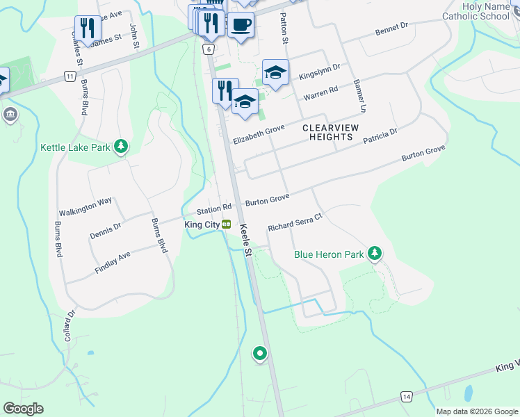 map of restaurants, bars, coffee shops, grocery stores, and more near 221 Burton Grove in King City