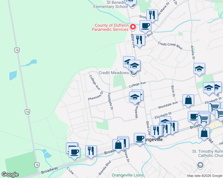 map of restaurants, bars, coffee shops, grocery stores, and more near 45 Fieldgate Drive in Orangeville