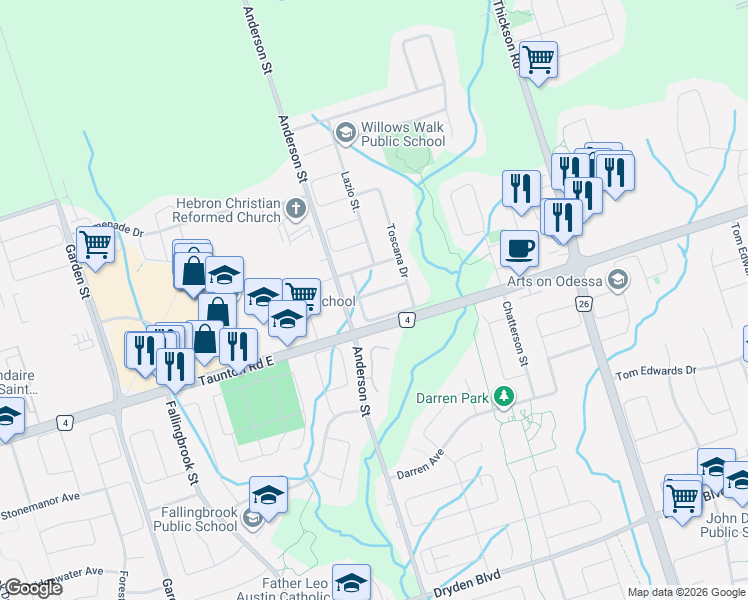 map of restaurants, bars, coffee shops, grocery stores, and more near 32 Toscana Drive in Whitby