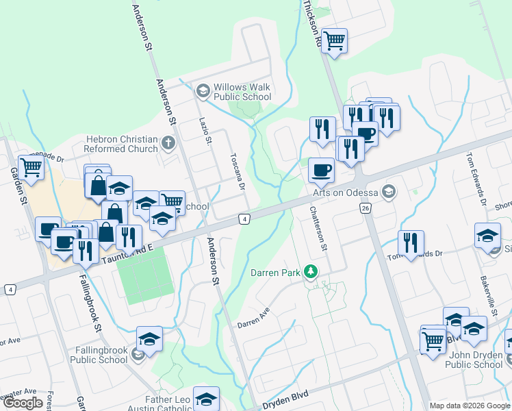 map of restaurants, bars, coffee shops, grocery stores, and more near 8 Amy Court in Whitby