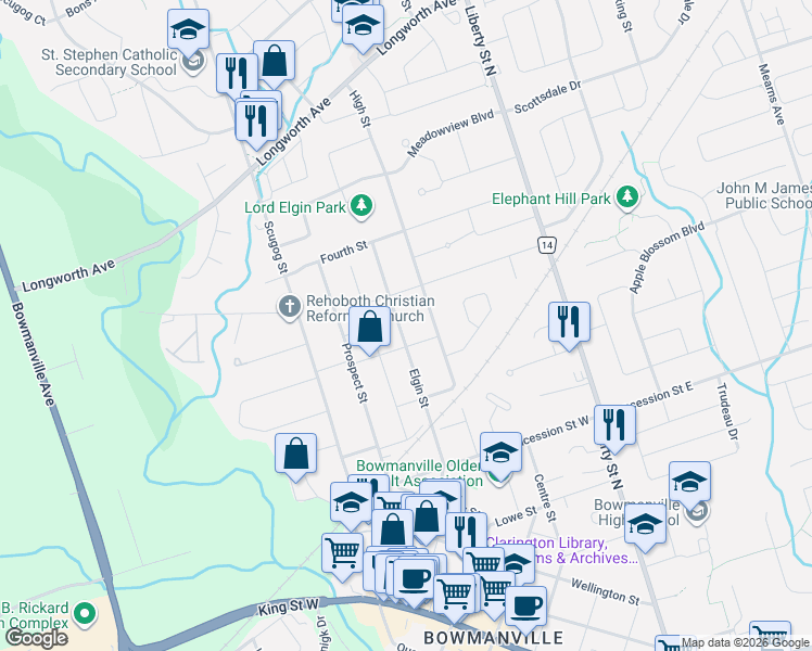map of restaurants, bars, coffee shops, grocery stores, and more near 109 Elgin Street in Clarington