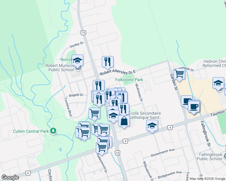 map of restaurants, bars, coffee shops, grocery stores, and more near 79 Haverhill Crescent in Whitby