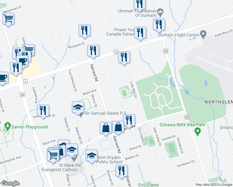 map of restaurants, bars, coffee shops, grocery stores, and more near 10 Samsen Court in Whitby