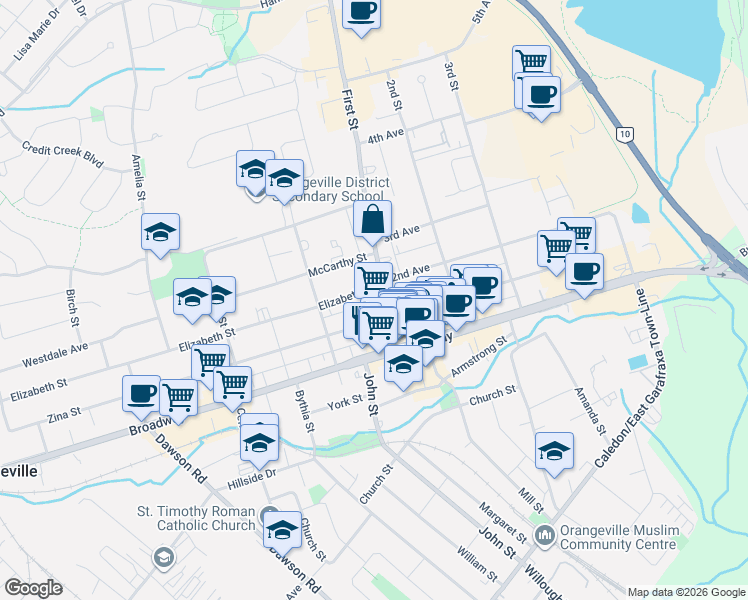 map of restaurants, bars, coffee shops, grocery stores, and more near 32 First Street in Orangeville