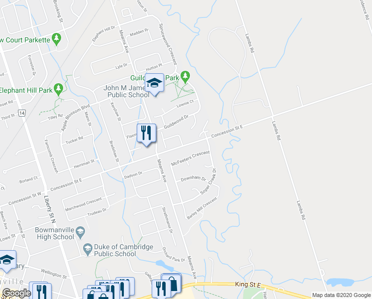 map of restaurants, bars, coffee shops, grocery stores, and more near 95 Concession Street East in Bowmanville