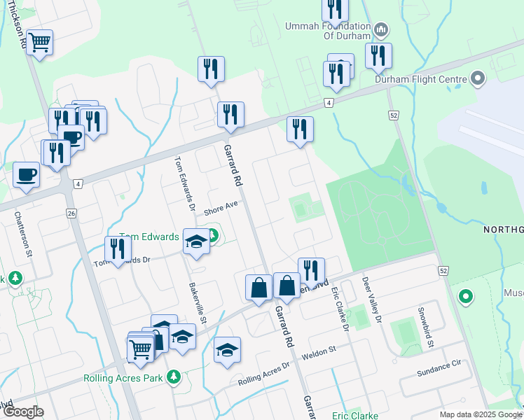 map of restaurants, bars, coffee shops, grocery stores, and more near 70 Bridlewood Boulevard in Whitby
