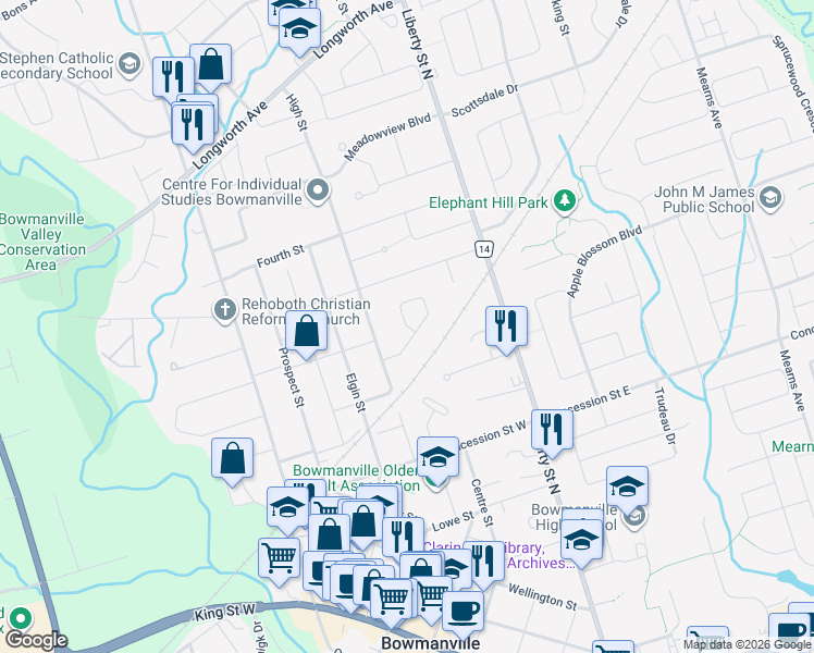 map of restaurants, bars, coffee shops, grocery stores, and more near Prout Drive in Bowmanville