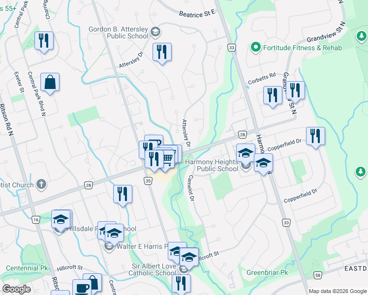 map of restaurants, bars, coffee shops, grocery stores, and more near 641 Deauville Court in Oshawa