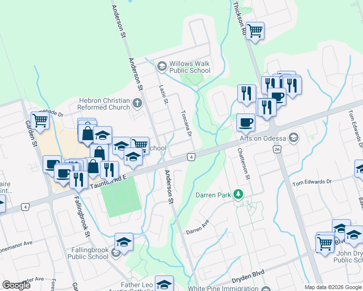 map of restaurants, bars, coffee shops, grocery stores, and more near 59 Toscana Drive in Whitby