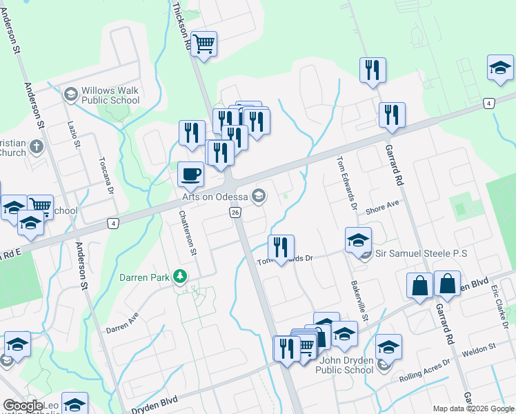 map of restaurants, bars, coffee shops, grocery stores, and more near 74 Odessa Crescent in Whitby