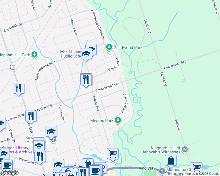 map of restaurants, bars, coffee shops, grocery stores, and more near 45 Mearns Meadows Place in Bowmanville