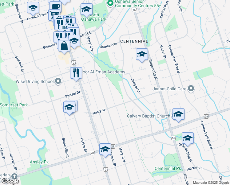 map of restaurants, bars, coffee shops, grocery stores, and more near in Oshawa
