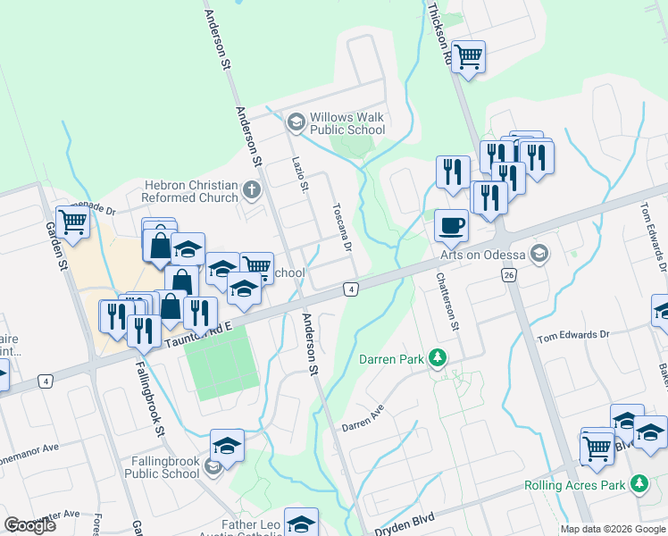 map of restaurants, bars, coffee shops, grocery stores, and more near 50 Toscana Drive in Whitby