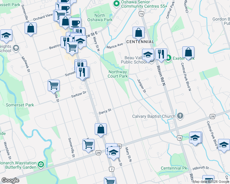 map of restaurants, bars, coffee shops, grocery stores, and more near in Oshawa