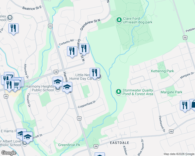 map of restaurants, bars, coffee shops, grocery stores, and more near 987 Copperfield Drive in Oshawa
