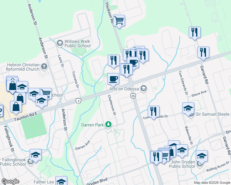 map of restaurants, bars, coffee shops, grocery stores, and more near in Whitby