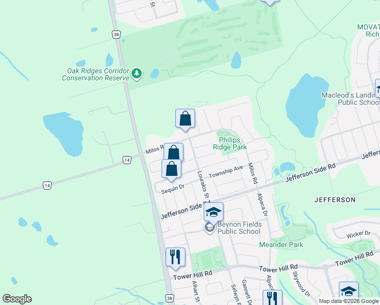 map of restaurants, bars, coffee shops, grocery stores, and more near 62 Lourakis Street in Richmond Hill