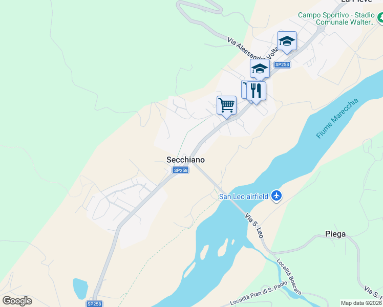 map of restaurants, bars, coffee shops, grocery stores, and more near 90 Strada Provinciale Marecchia in Secchiano