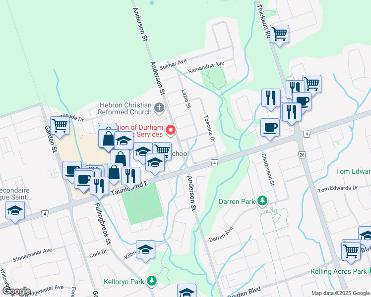 map of restaurants, bars, coffee shops, grocery stores, and more near 14 Toscana Drive in Whitby