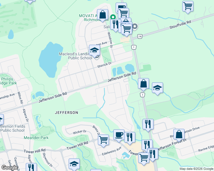 map of restaurants, bars, coffee shops, grocery stores, and more near Settlement Cres in Richmond Hill