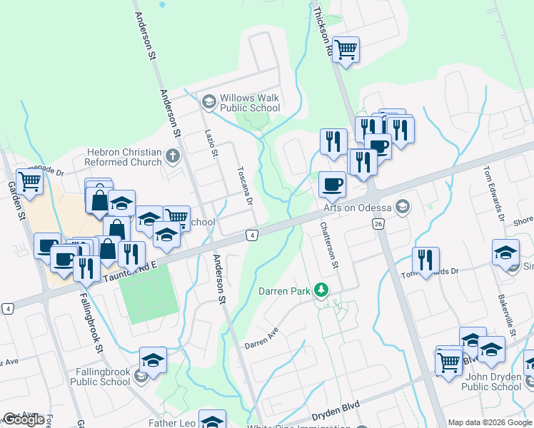 map of restaurants, bars, coffee shops, grocery stores, and more near 74 Toscana Drive in Whitby