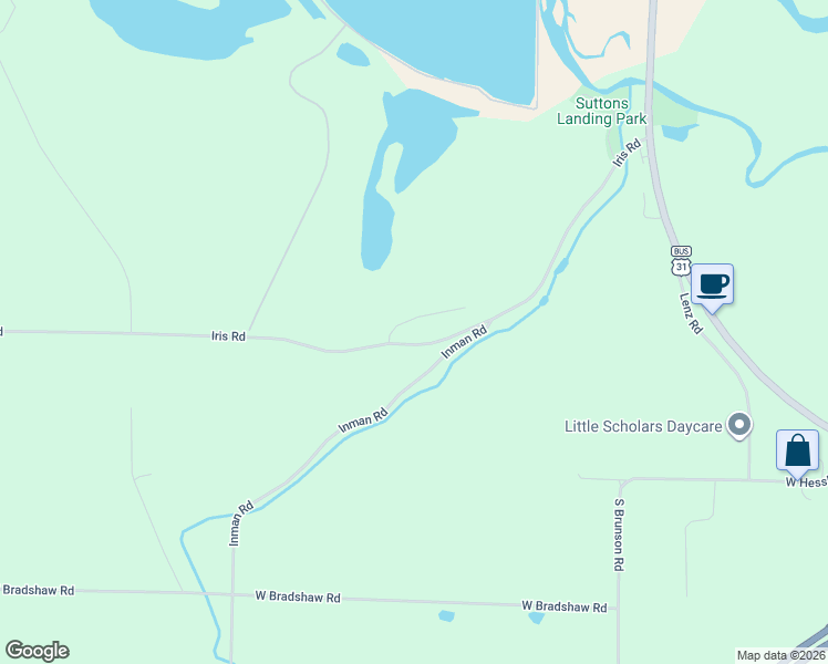 map of restaurants, bars, coffee shops, grocery stores, and more near 5988 Iris Road in Ludington