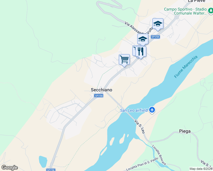 map of restaurants, bars, coffee shops, grocery stores, and more near 90 Strada Provinciale Marecchia in Secchiano