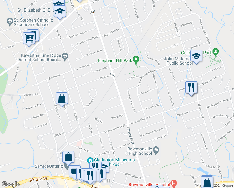 map of restaurants, bars, coffee shops, grocery stores, and more near 164 Liberty Street North in Bowmanville