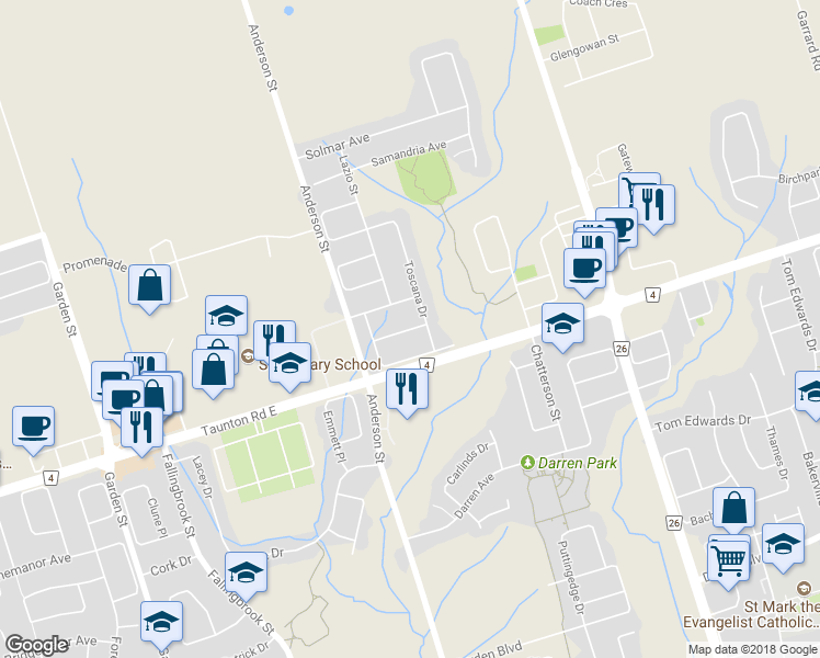 map of restaurants, bars, coffee shops, grocery stores, and more near 59 Toscana Drive in Whitby