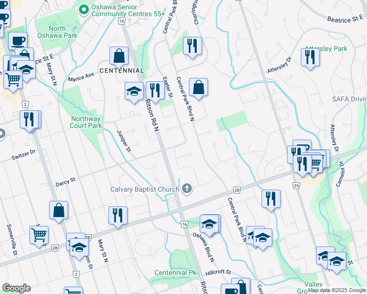 map of restaurants, bars, coffee shops, grocery stores, and more near 297 Darcy Street in Oshawa
