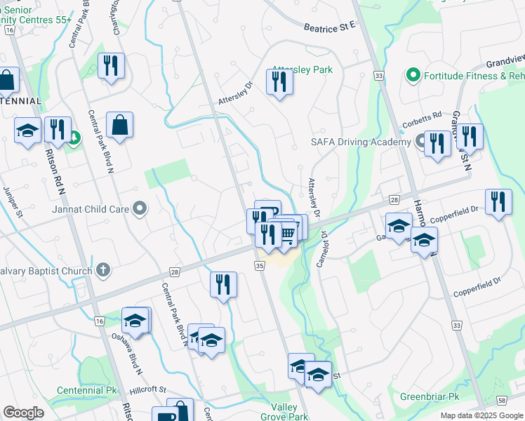 map of restaurants, bars, coffee shops, grocery stores, and more near in Oshawa