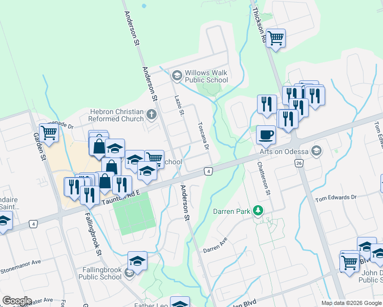 map of restaurants, bars, coffee shops, grocery stores, and more near 41 Toscana Drive in Whitby