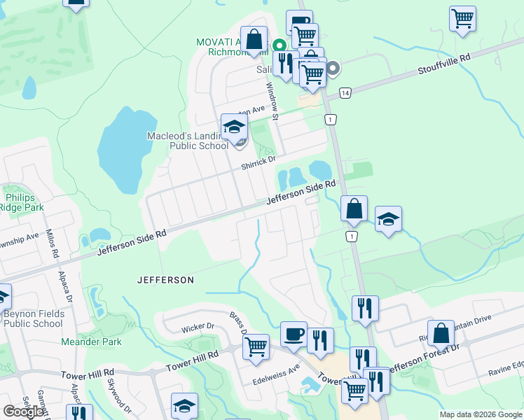 map of restaurants, bars, coffee shops, grocery stores, and more near 48 Settlement Cres in Richmond Hill