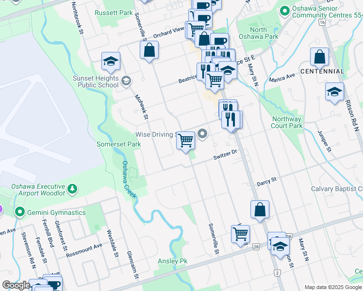 map of restaurants, bars, coffee shops, grocery stores, and more near in Oshawa