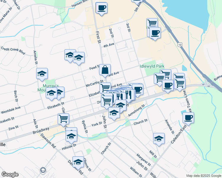 map of restaurants, bars, coffee shops, grocery stores, and more near in Orangeville