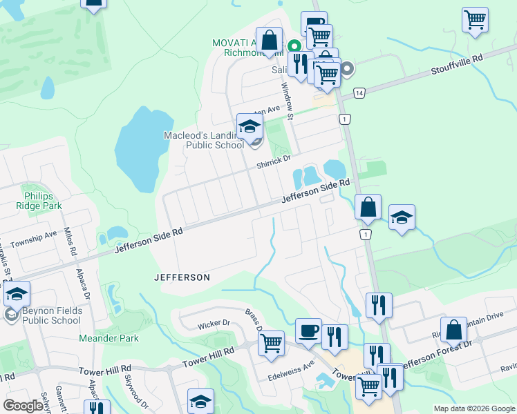 map of restaurants, bars, coffee shops, grocery stores, and more near 67 Jefferson Side Road in Richmond Hill