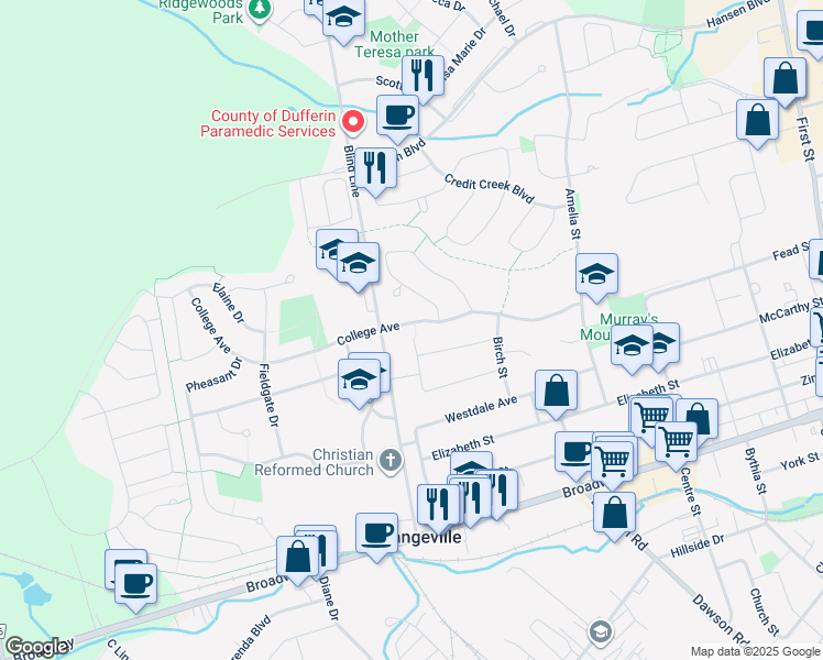 map of restaurants, bars, coffee shops, grocery stores, and more near 428 A College Avenue in Orangeville